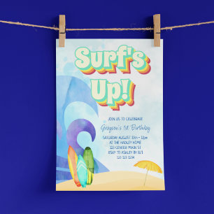 Convite Onda de Surf Aniversário de Um Ano Retro Praia