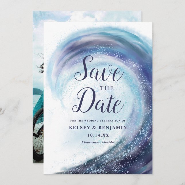 Convite Onda Oceânica de Aquarela | Data de salvamento da  (Frente/Verso)