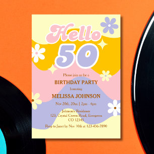 Convite Onda Retro Groovy Flor Olá 50º Aniversário
