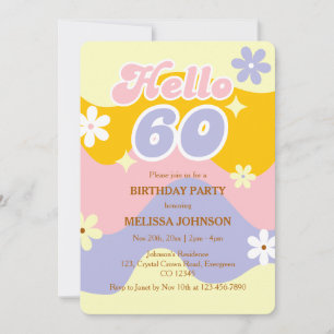 Convite Onda Retro Groovy Flor Olá 60º Aniversário