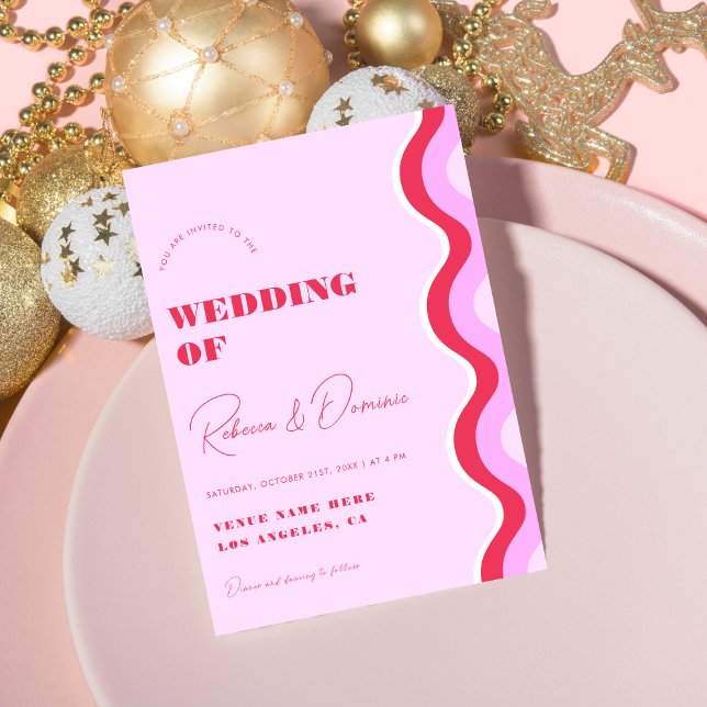 Convite Onda Retro Negrito Rosa e Vermelho Tudo em Um Casa (Criador carregado)