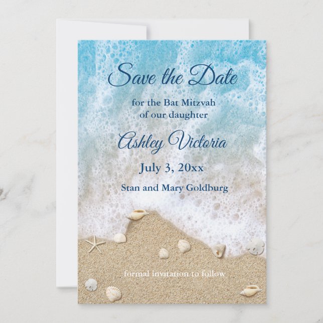 Convite Ondas Azuis da Praia Bat Mitzvah Save the Date (Frente)