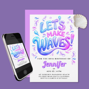 Convite Ondas Cor-de-rosa e Roxo de Surfista Feminina Espa