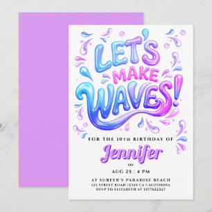 Convite Ondas Cor-de-rosa e Roxo de Surfista Feminina Espa