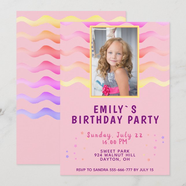 Convite Ondas de Arco-Íris Foto de Menina Rosa Festa de An (Frente/Verso)