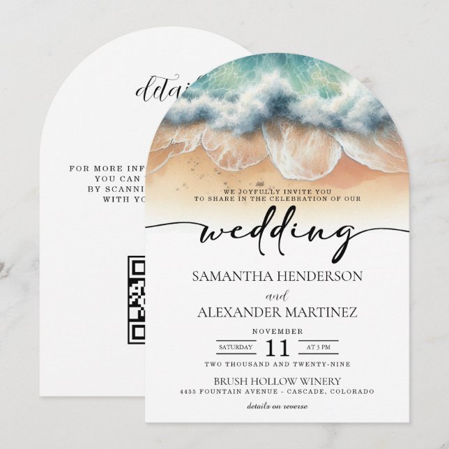 Convite Ondas de Praia com Casamento Código QR (Frente/Verso)