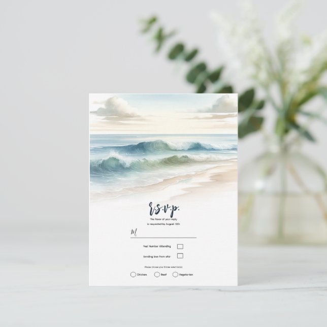 Convite Ondas de Praia em Aquarela Casamento Rústico à Bei (Em pé/Frente)