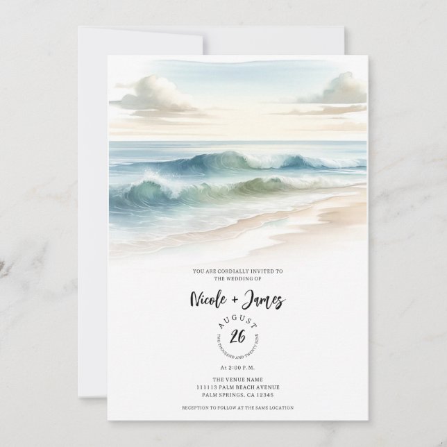 Convite Ondas de Praia em Aquarela Casamento Rústico à Bei (Frente)