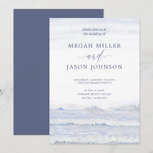 Convite Ondas do Oceano, Azul, Casamento Aquarela Branco