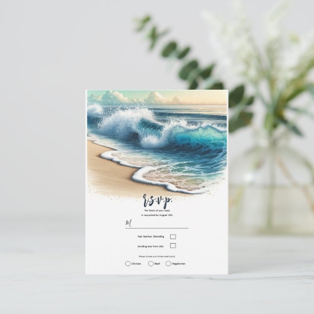 Convite Ondas do Oceano Quebrando na Praia Casamento RSVP (Em pé/Frente)