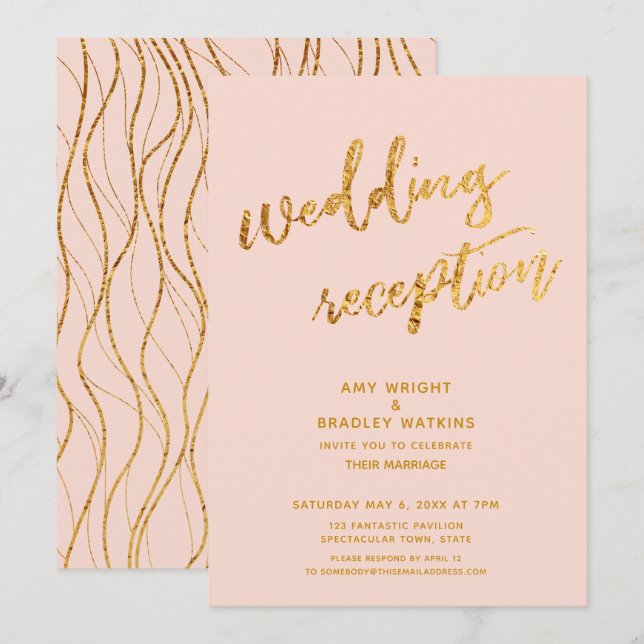 Convite Ondas Douradas e Recepção de Casamento com Rubor d (Frente/Verso)