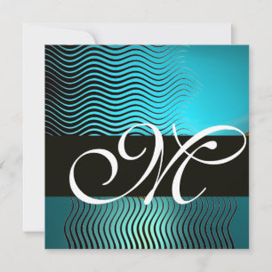 Convite ONDAS ELIGANTES MONOGRAMA, azul aqua turquesa, saf