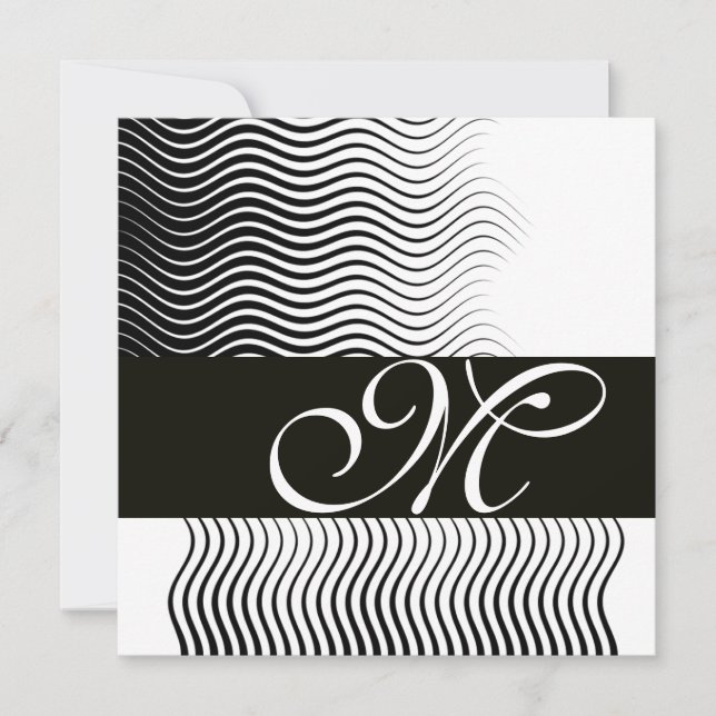 Convite ONDAS ELIGANTES MONOGRAMA, preto e branco (Frente)