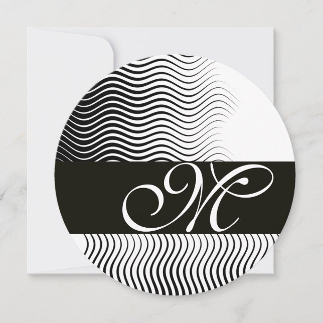 Convite ONDAS ELLEGANTES MONOGRAMA, preto branco (Frente)