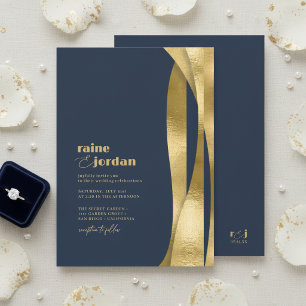 Convite Ondas Esculturais Casamento Ouro Azul Marinho ID13
