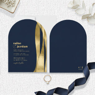 Convite Ondas Esculturais Casamento Ouro Azul Marinho ID13
