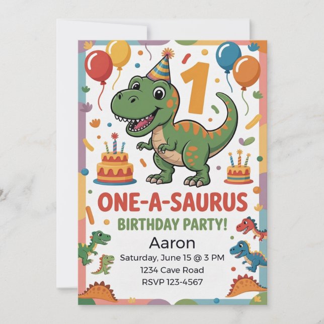 Convite One-A-Saurus 1º Aniversário | Dinossauro Verde (Frente)
