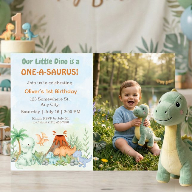 Convite One-A-Saurus Dinosaur 1st Birthday Photo (One-A-Saurus Dinosaur 1st Birthday Invitation)