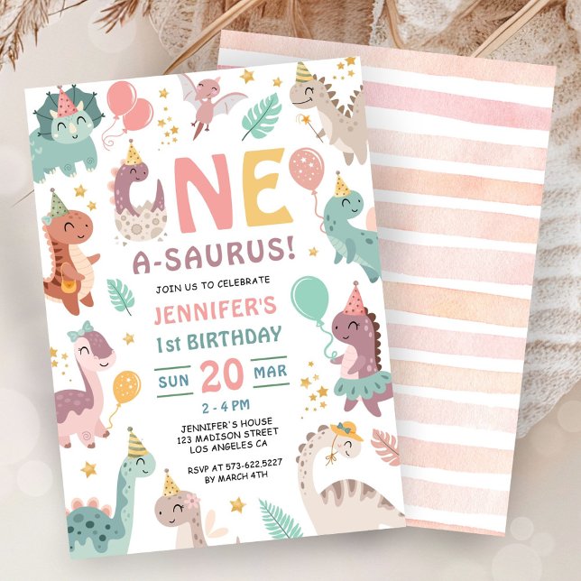 Convite One A Saurus Dinosaur Girl 1st Birthday Invitation (Criador carregado)