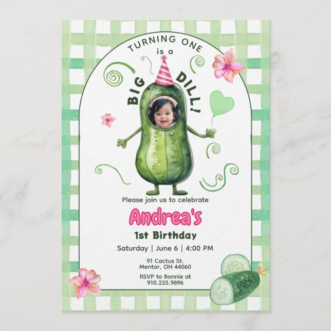 Convite One Big Dill Pickle First Birthday Pink Photo (Frente)