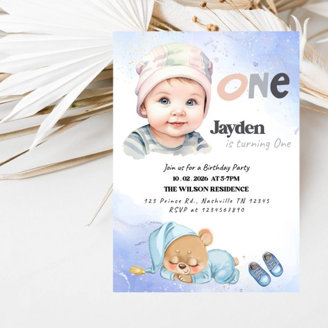 Convite ONE Boy 1st Birthday Party-Minimal First Birthday  (Criador carregado)