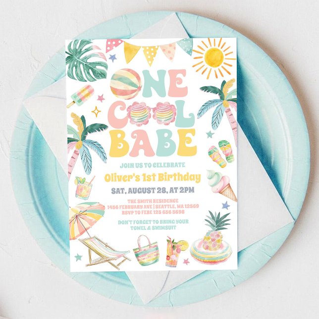 Convite One Cool Babe Beach Party Summer 1st Birthday  (Criador carregado)