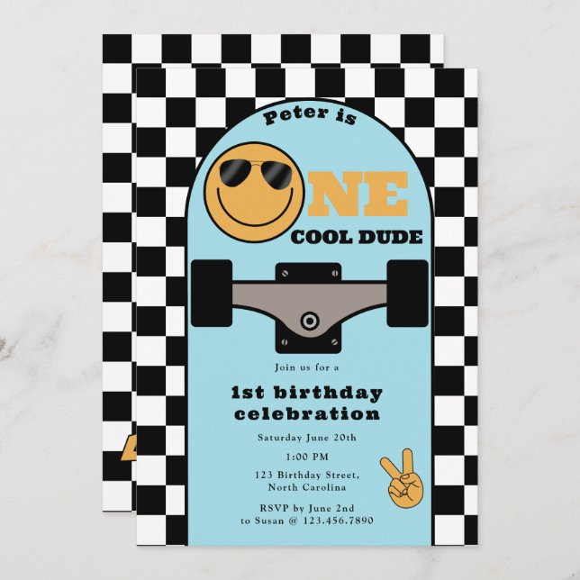 Convite One Cool Dude Invite 1st First Birthday Skateboard (Frente/Verso)