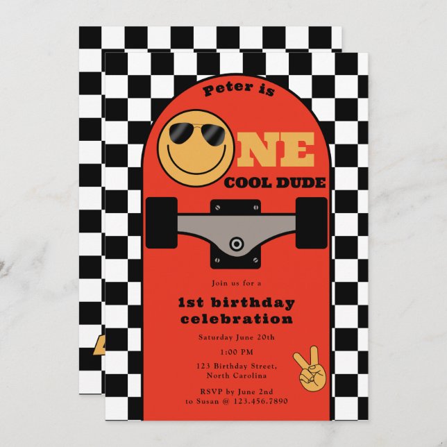 Convite One Cool Dude Invite 1st First Birthday Skateboard (Frente/Verso)