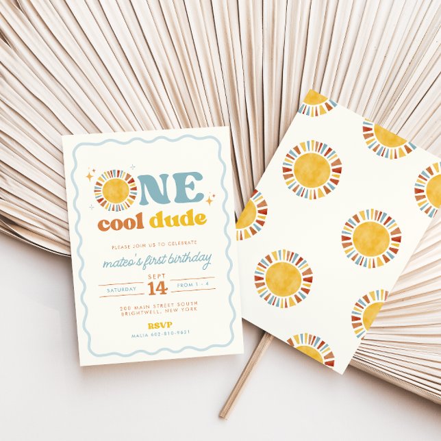 Convite One Cool Dude Retro Sun First Birthday Invitation (Criador carregado)