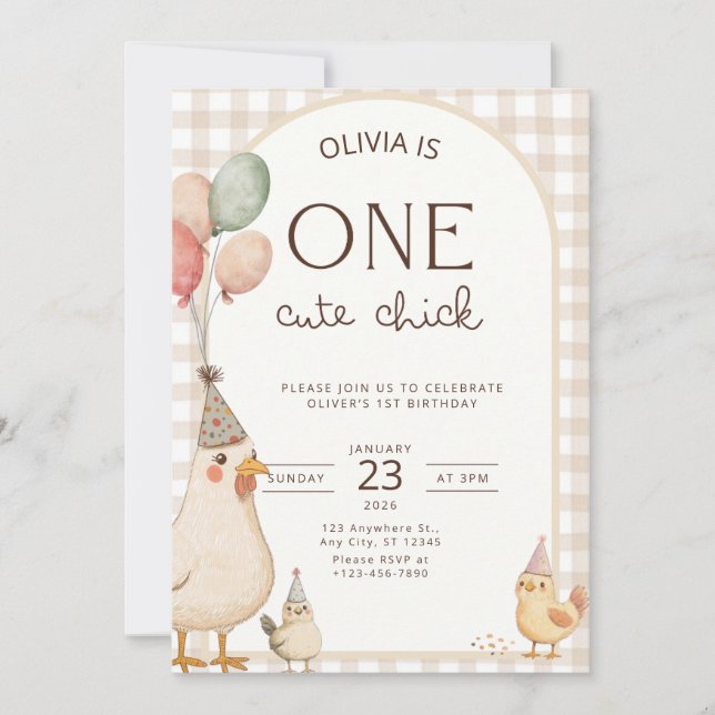 Convite One Cute Chick Birthday This Chick is One (Frente)