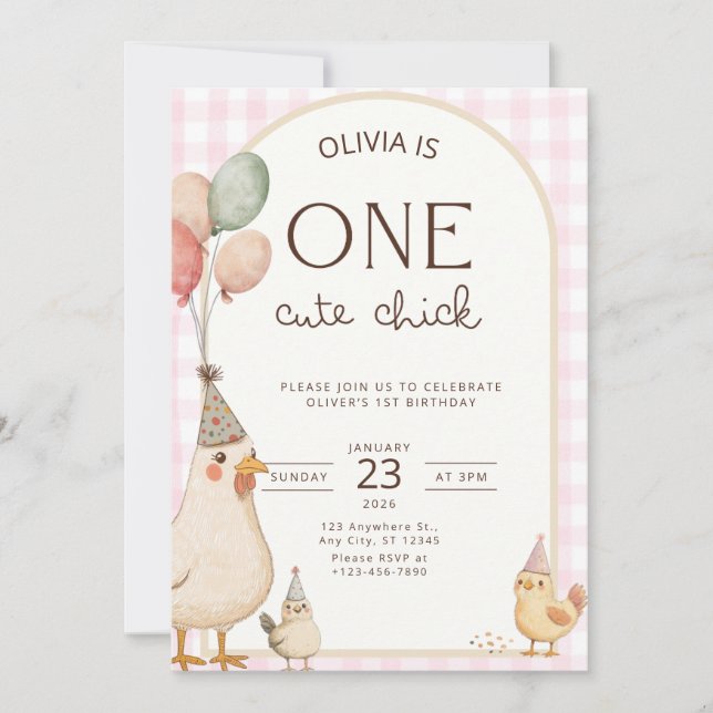 Convite One Cute Chick Birthday This Chick is One (Frente)