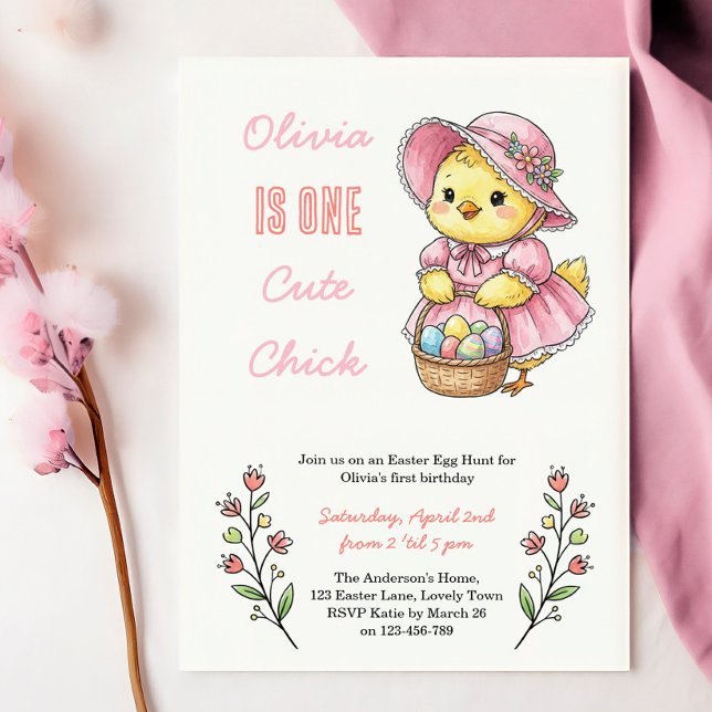 Convite One Cute Chick Easter Themed 1st Birthday Party (One Cute Chick - Easter themed 1st birthday invitation - perfect for her first egg hunt!)