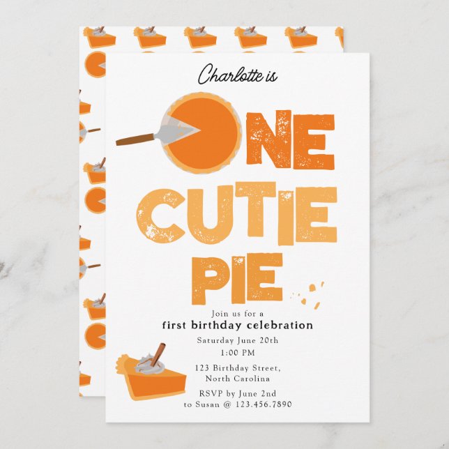 Convite One Cutie Pie Invite 1st First Birthday Cute (Frente/Verso)