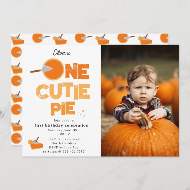 Convite One Cutie Pie Invite 1st First Birthday Cute Photo (Frente/Verso)