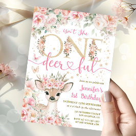Convite One-Deer-Ful 1st Birthday Girl Pink Invitation