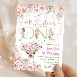Convite One-Deer-Ful Birthday Girl Pink Gold Invitation