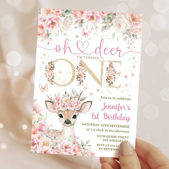 Convite One-Deer-Ful Birthday Girl Pink Gold Invitation (Criador carregado)