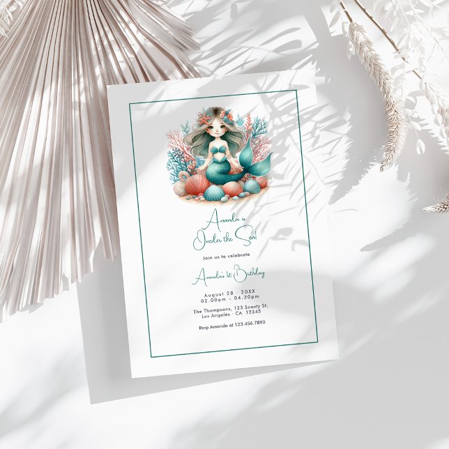 Convite “One-der o Mar” Festa de Primeiro Aniversário da S (“One-der the Sea” Mermaid First Birthday Party Invitation)
