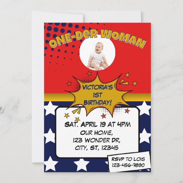 Convite One-Der Woman, Superhero 1st Birthday  (Frente)