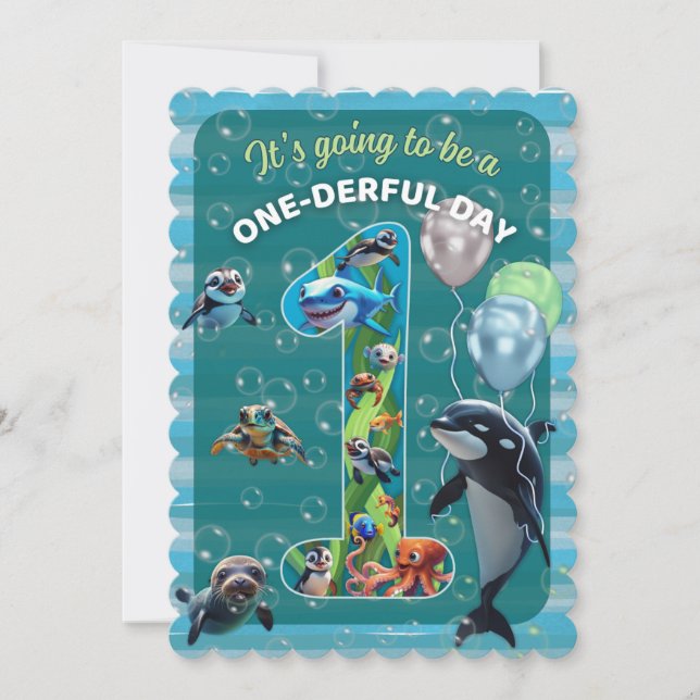 Convite One-derful Day Flat Scalloped Birthday Invitation (Frente)