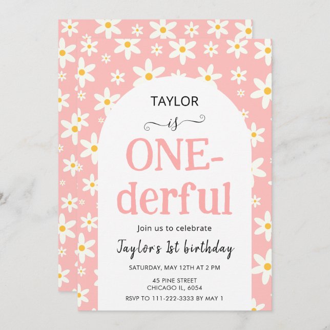 Convite ONE-derful Pink Daisy 1st Birthday (Frente/Verso)