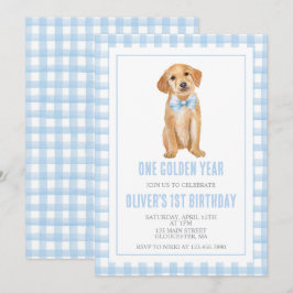 Convite One Golden Year Puppy preppy plaid birthday