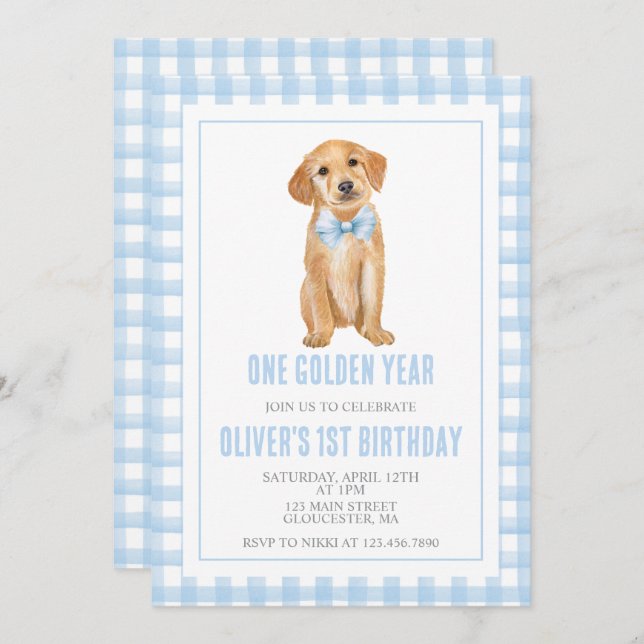 Convite One Golden Year Puppy preppy plaid birthday (Frente/Verso)