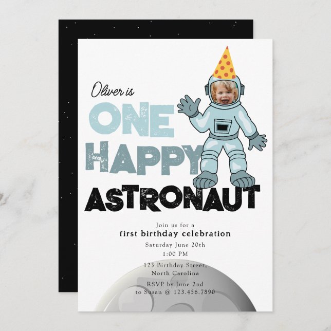 Convite One Happy Astronaut Photo 1st  First Birthday (Frente/Verso)