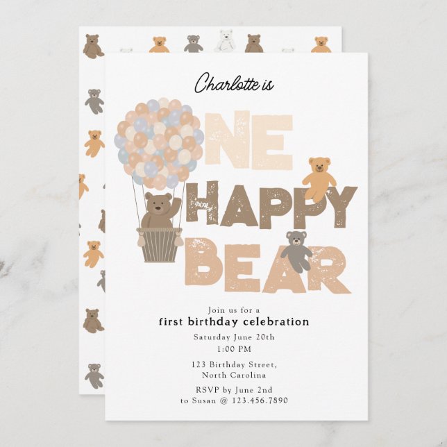 Convite One Happy Bear Invite 1st  First Birthday Cute (Frente/Verso)