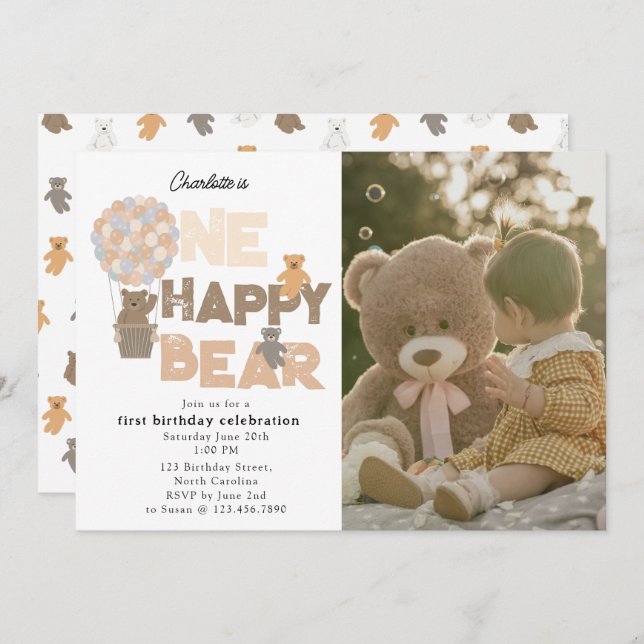Convite One Happy Bear Invite 1st  First Birthday Photo (Frente/Verso)