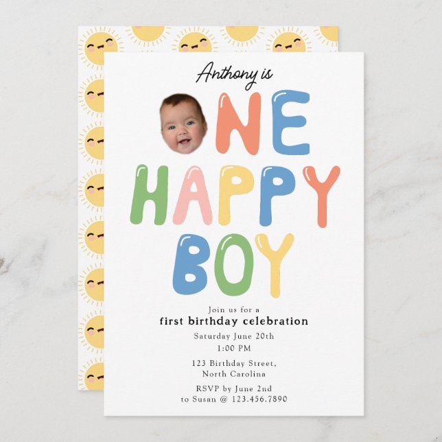 Convite One Happy Boy Birthday Invite 1st Birthday Photo (Frente/Verso)