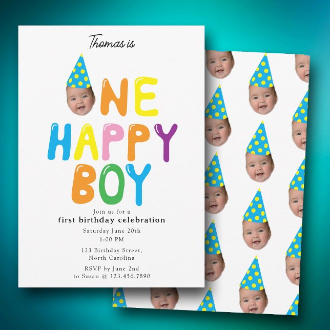 Convite One Happy Boy  Birthday Invite 1st Birthday Photo  (One Happy Boy Birthday Invite 1st Birthday Photo)