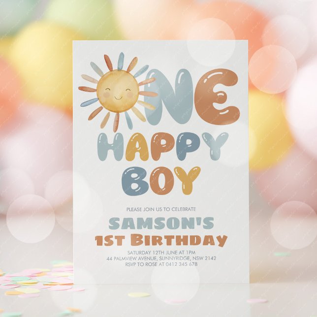 Convite One Happy Boy Sun 1st Birthday (One Happy Boy! Boy's sun 1st birthday invitation )