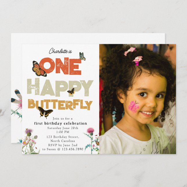 Convite One Happy Butterfly 1st Wildflower Birthday Photo (Frente/Verso)